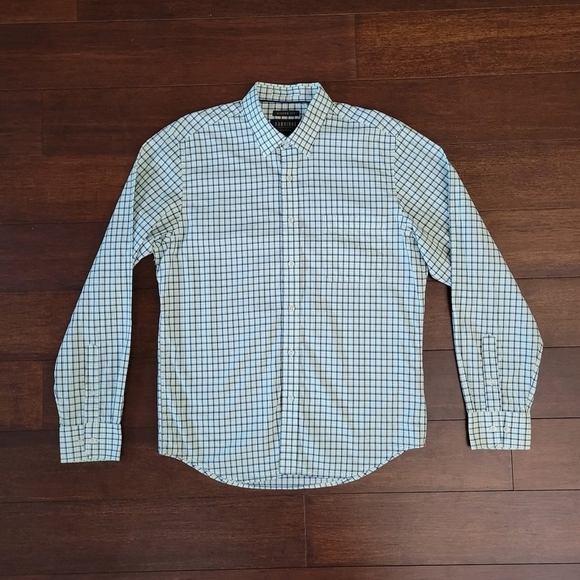Oxbridge by Ron Bennett Modern Fit Green & Navy Plaid Button Front Shirt Size L - Picture 7 of 7